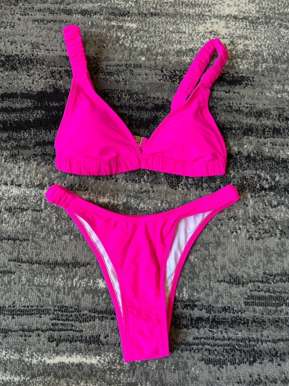Neon Pink High Cut Bikini With Scrunchy Straps & Gold Clasp
